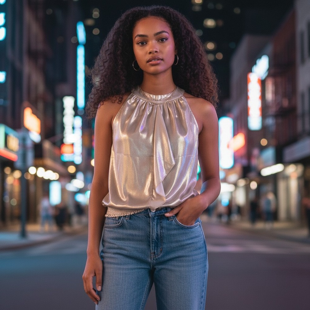 Worthington Metallic Gold Halter Top Blouse Smocked Hem Champagne Large